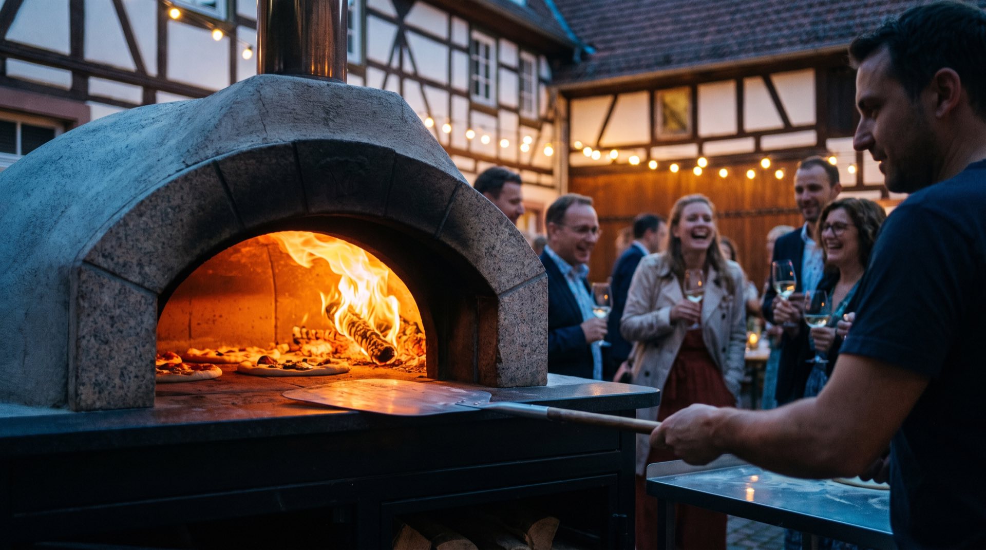 Der Steinofen bei Nacht auf einer Feier, Flamme sichtbar, Gäste im Hintergrund